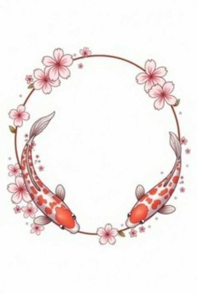 Generate a round label with a white background and surroundings, inside the label, contain cherry blossoms along with Japanese koi fish, the center must be blank. All very simple and in drawing, very masculine