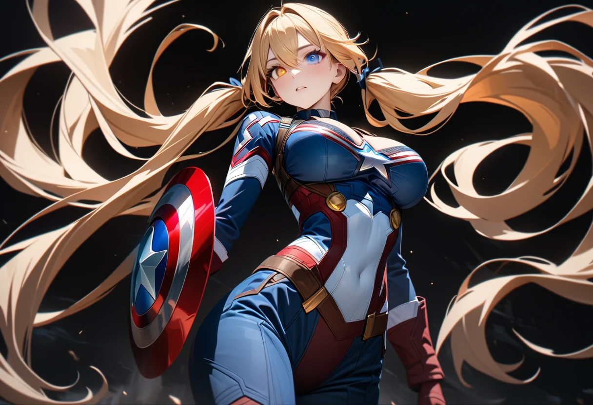 Young Woman, Long golden hair, Twin tails,, Heterochromia iridis, (Eye color is random), , (captain America), masterpiece, Highest quality, Full HD, 8k, Super detailed, Great graphics、Beautiful breasts、、Big Breasts、(Black background;1.5)、Cowboy Shot