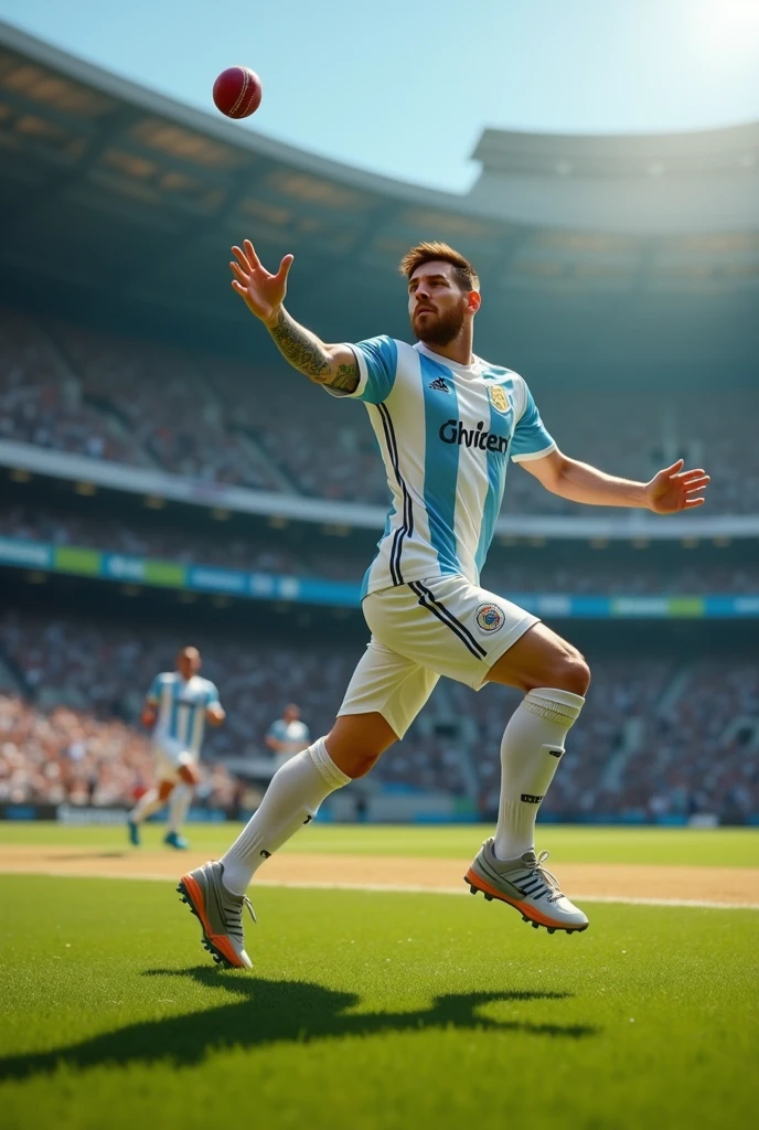 Messi is delevaring the cricket ball.