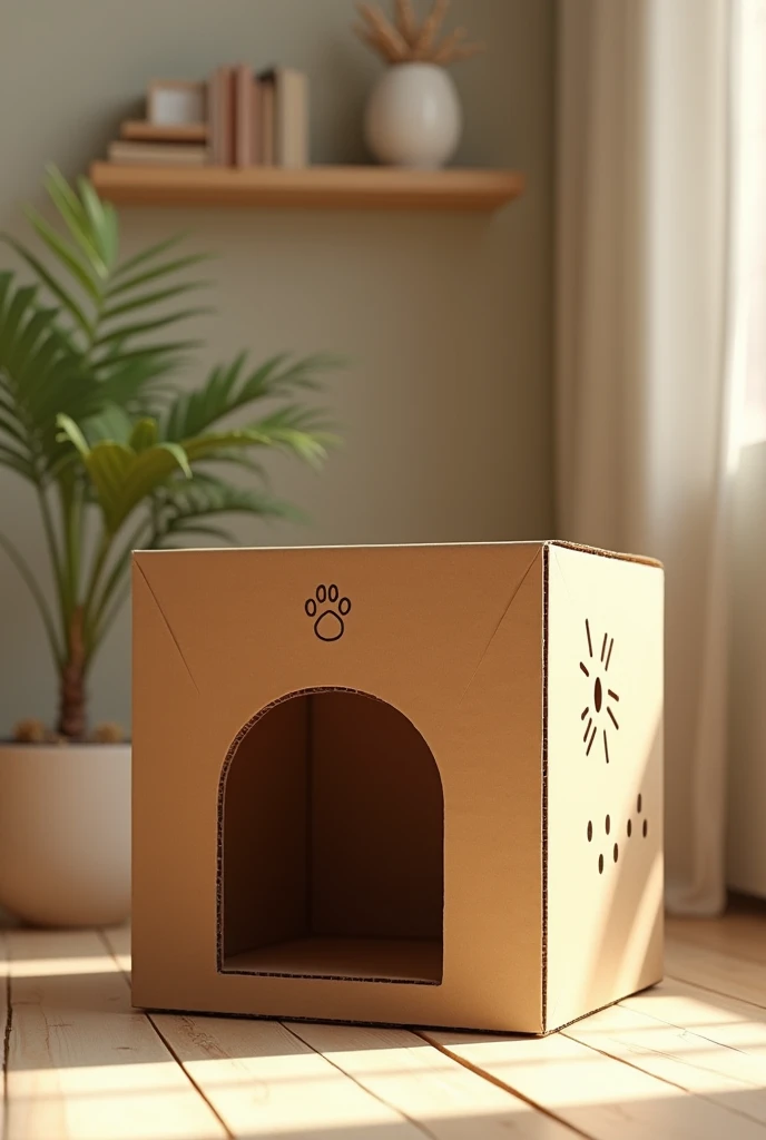 Photo realiste d’une cabane pour chat faite maison en carton