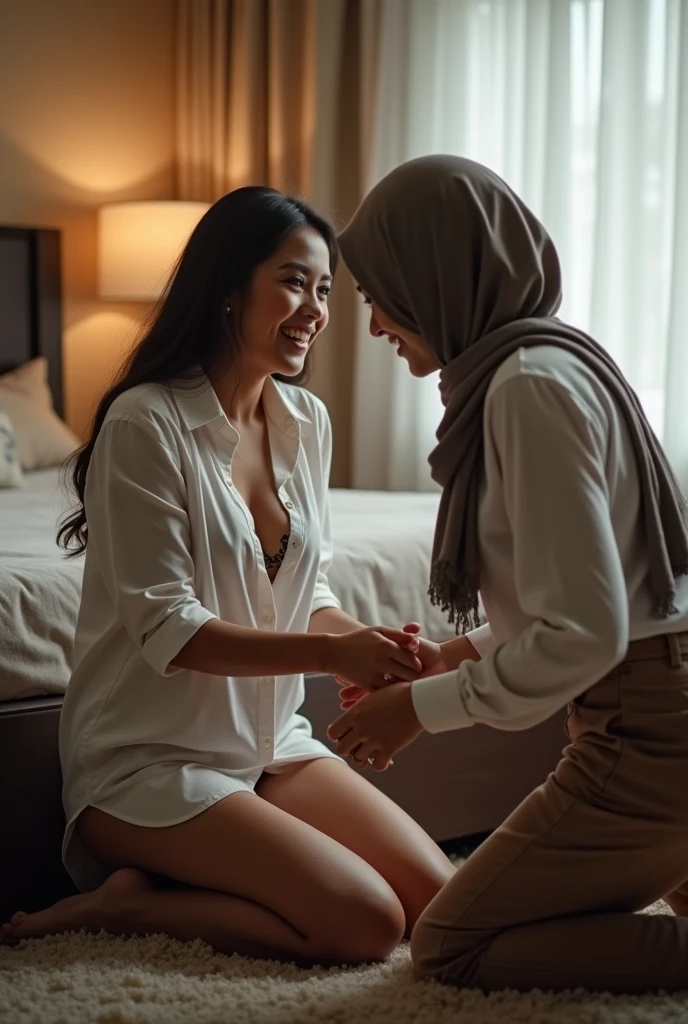 mother excited and horny as she found out his son masturbates to her, the mother is a beautiful indonesian hijab woman, with features similar to luna maya (40 yo beautiful celebrity, woman with slim body and medium saging breast), 15 yo teenage nerd boy, the mother kneeling in front of his son to seduce her son with teasing her son withhijab, unbuttoned white blouse and her sexy leopard lingerie, son watching while sit in the chair with happy face, the scene is capture in bedroom