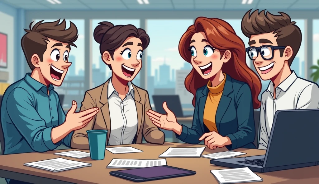 A group of people，Discussing things in the office，Cartoon Style