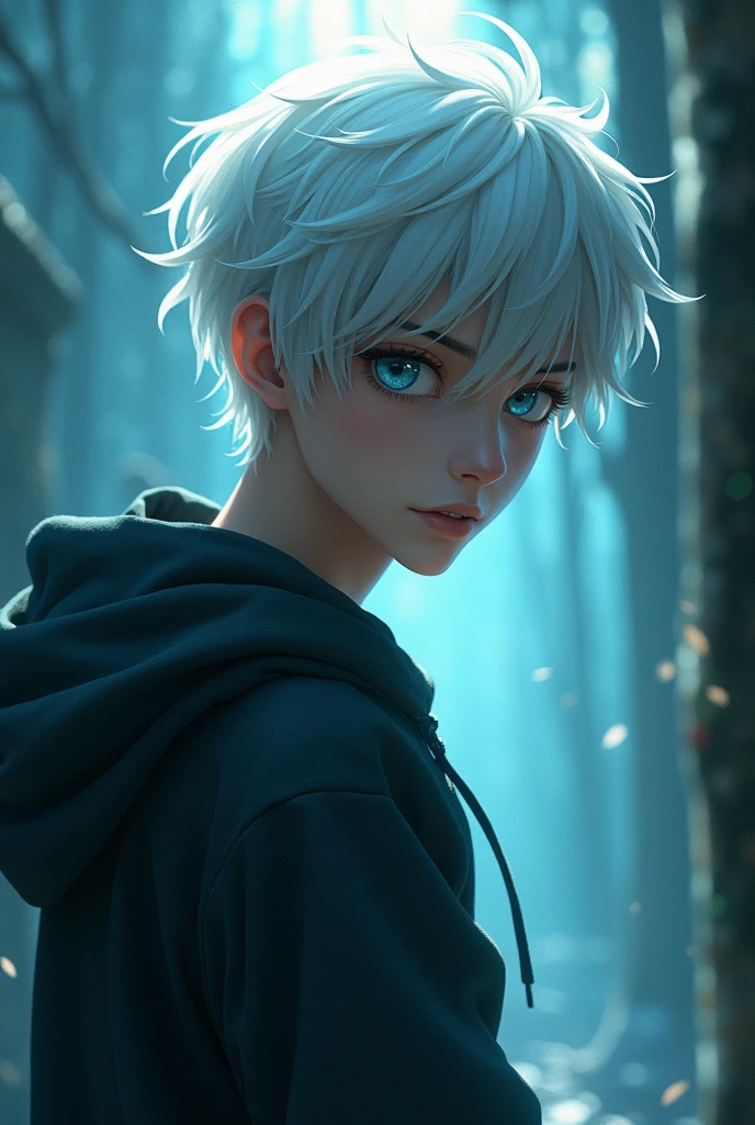 Beautiful boy, white hair, blue eyes, short hair, double teeth, looking back, pouring light, piercing, ager, mischievous, slanted eyes