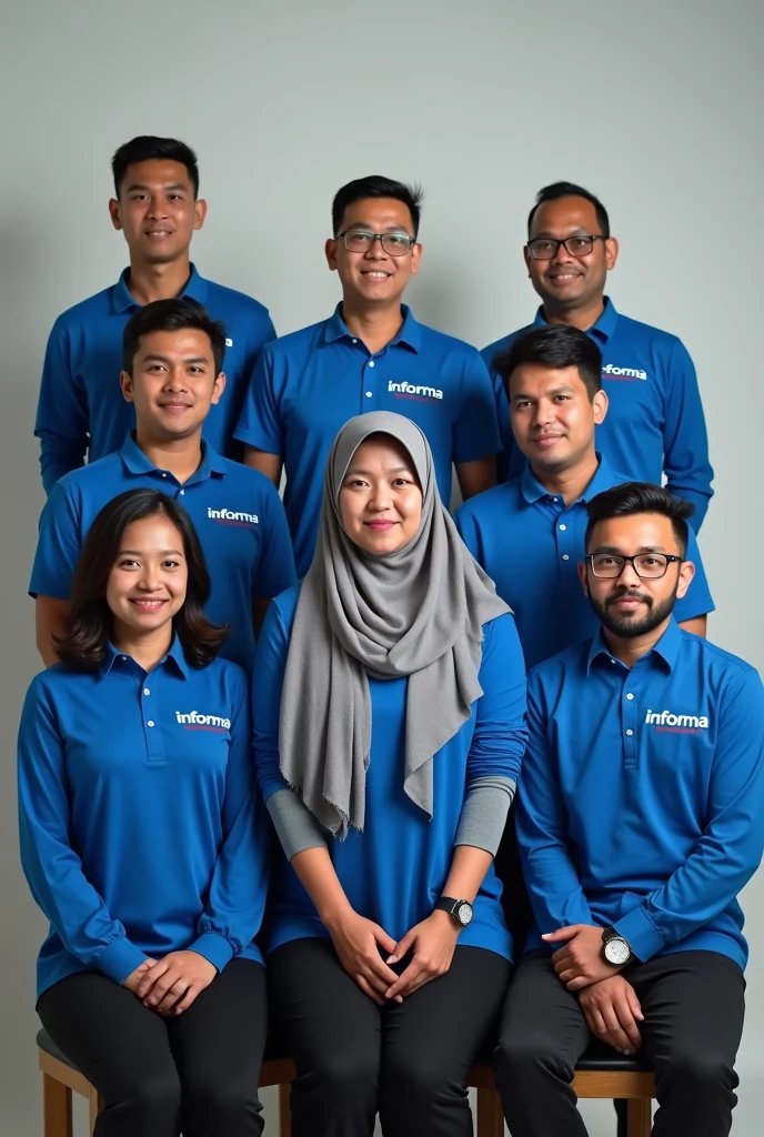 A total of 8 people consisting of 6 men wearing blue shirts with the words "Informa" written on their chests with the name "Best" Ricky Doro Dika Jaya Iqbal, 1 woman wearing a gray headscarf, slightly fat, wearing a blue shirt with the words "Informa" written on her chest with the name "Novi" in the middle, 1 man wearing a neat gray shirt with the words "Informa" written on his chest with the name "Salman" in the middle.