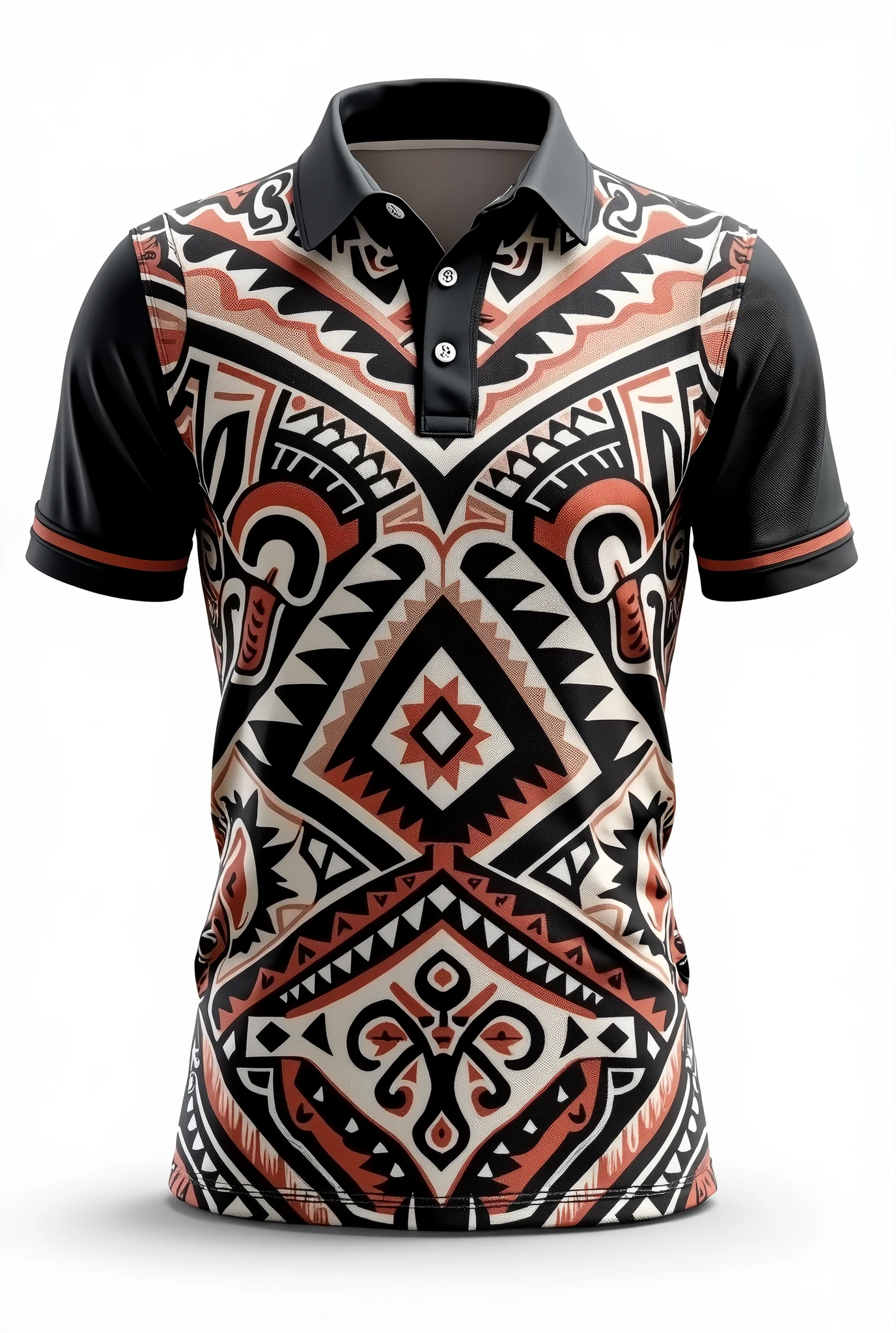 Create rugby jersey maori tribe full pattern black white red retro black collar white background front and back design side by two side clear design