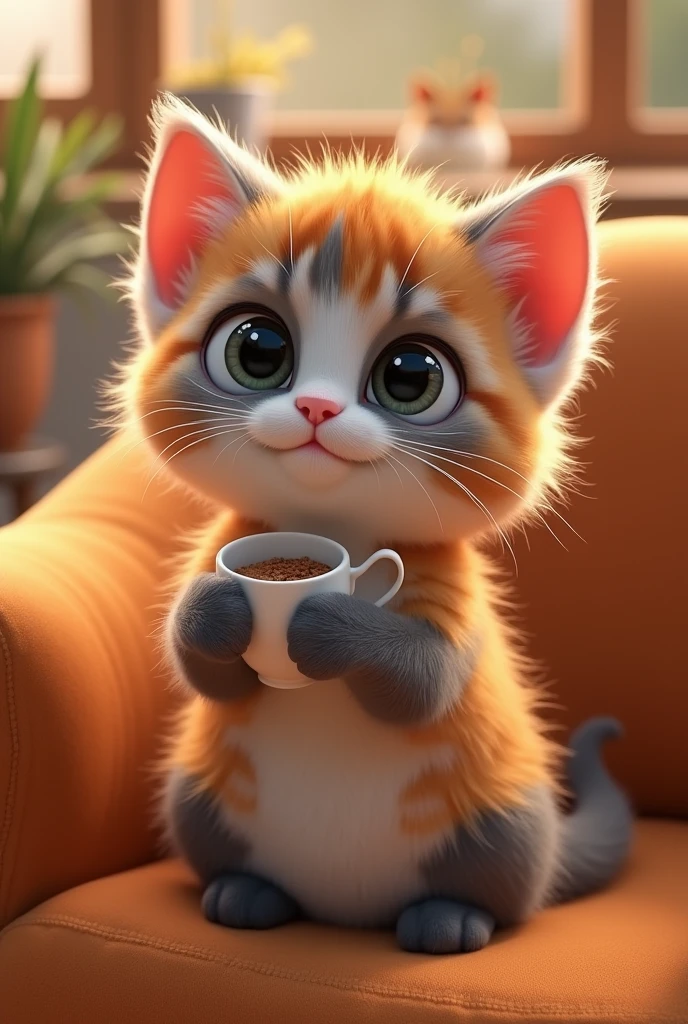 {
"size": "1024x1024",
"prompt": "A cute 3D kitten, inspired by the animation styles of Pixar and DreamWorks. The kitten has big, expressive eyes, soft fur, and a playful expression. The fur is fluffy and detailed, with a random mix of colors such as light orange, white, gray, black, or a combination of these. The kitten is sitting on a cozy chair in a warm, well-lit room, holding a small coffee cup with both paws, and a bit of steam is rising from the cup. The scene is charming and heartwarming, with a touch of whimsy, showing the kitten enjoying a relaxing moment."
}