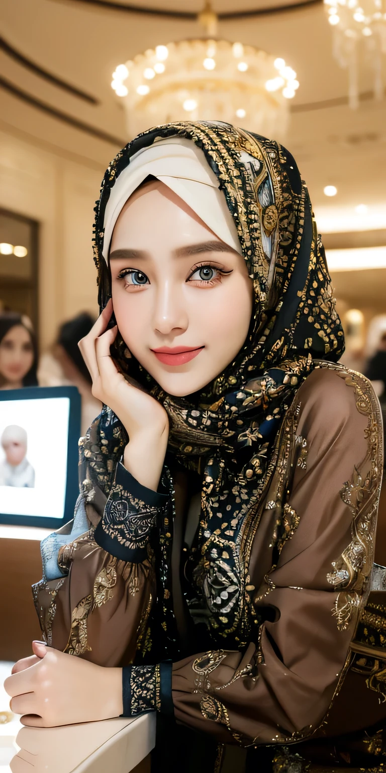 Russian girl, beautiful girl in hijab, 19 year old girl, perfect face, expressive eyes, makeup, eyeshadow, eyeliner, luxurious hijab, patterned hijab, hijab decoration, brooch, shiny lips, smile, being in a busy mall, cafe