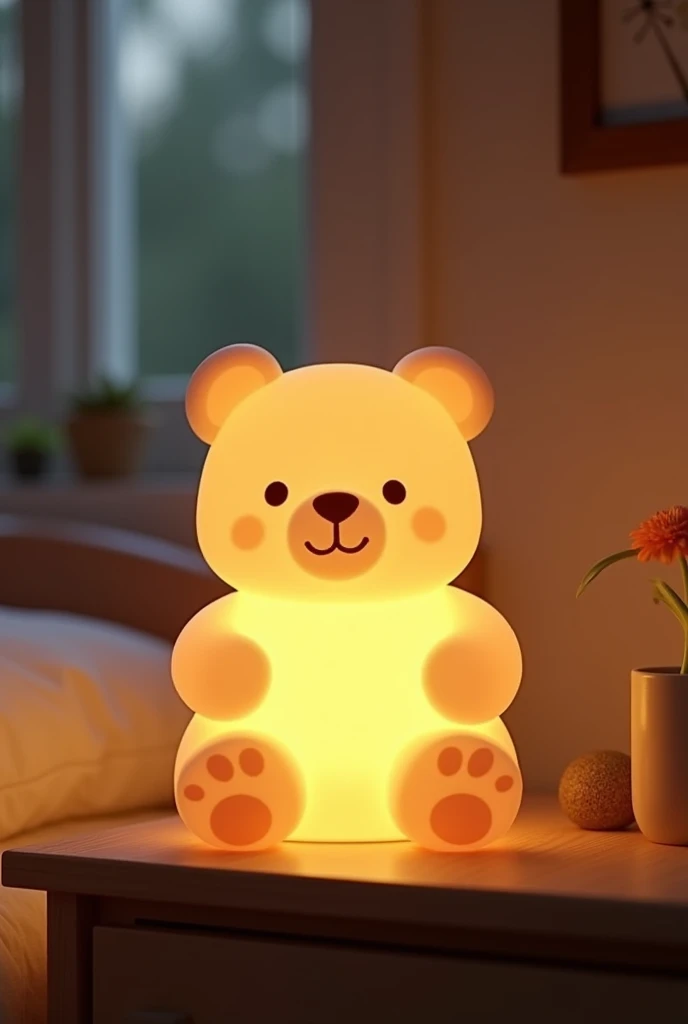 (photorealism: 3.4), bear night light, standing on the bedside table, night light in the shape of a beige bear, sitting upright, in a children's bedroom, evening, soft lighting, cozy room, intricate details, warm colors.