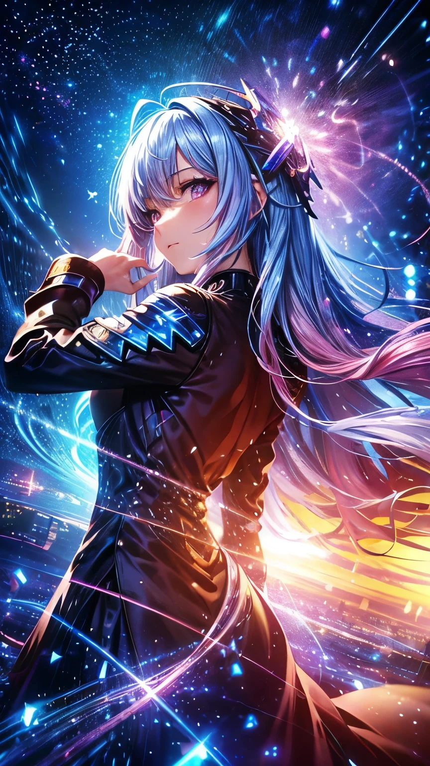 1 girl, one person, (Silver blue hair streaked pink purple:1.4), (Gradient sky blue hair ends:1.6), hair strand, absurdly long hair, single sidelock, wavy hair, shiny hair, floating hair, (Illusion deep purple eyes), delicate eyes, aqua eyes, High like real eyes, ((glowing eyes)), makeup, Focus on face, Very detailed facial, hot body, Random environment, Random pose, on the street, looking at the starry night sky, meteor, Technical clothing masterpiece, White extra long skirt, universe, several cross stars beside, Colored lights swirl around the body, (((Extra super huge colorful extra super complex multiple glowing magic circle upright on the back of the head))), cyberpunk, full body shot, realism anime, chiaroscuro, (glowing light), sparkle, ray tracing, cinematic lighting, Futurism, motion blur, perfect transition, god rays, atmospheric perspective, best quality, UHD, super detail, masterpiece, highres, ccurate, retina, Octane Render,starry,strry light,