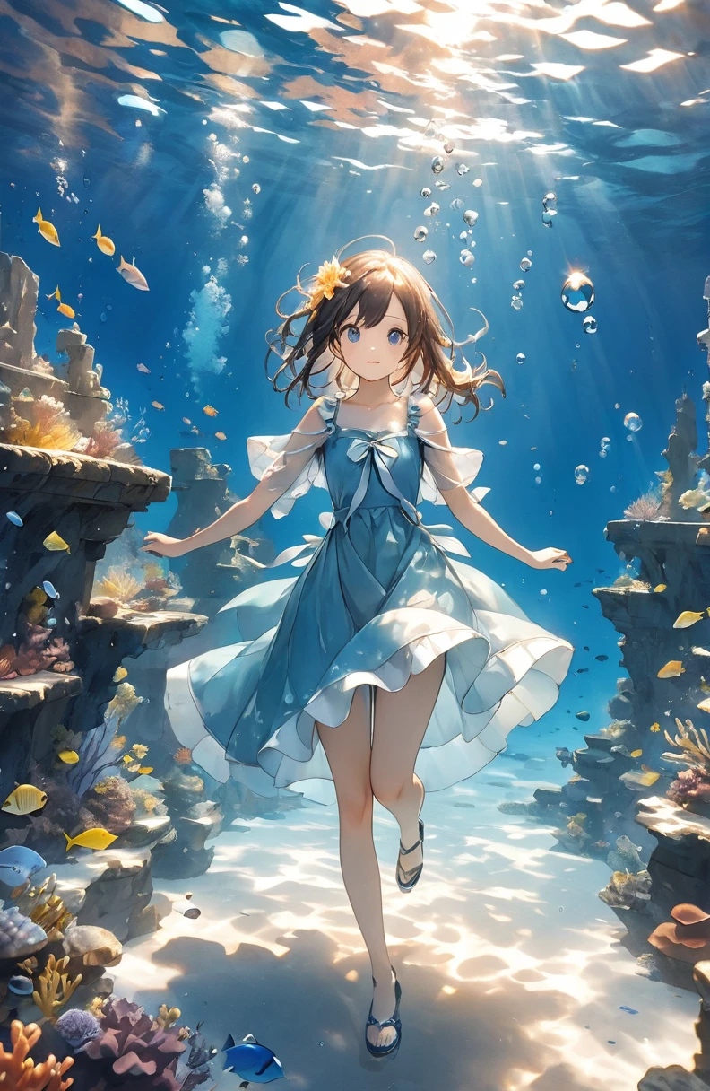 Beautiful girl、Mystical Feelings、cute１７of age、Underwater walking,Underwater Walking、Underwater swimming、超High resolution, High resolution, 4K, 8k,close,Sunken Ruins、Girl in the water、water、surrounded by bubbles、A world of deep blue、 Working with deep blue shades