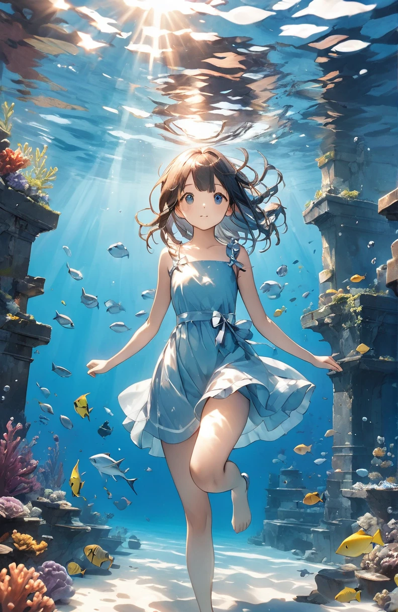 Beautiful girl、Mystical Feelings、cute１７of age、Underwater walking,Underwater Walking、Underwater swimming、超High resolution, High resolution, 4K, 8k,close,Sunken Ruins、Girl in the water、water、surrounded by bubbles、A world of deep blue、 Working with deep blue shades