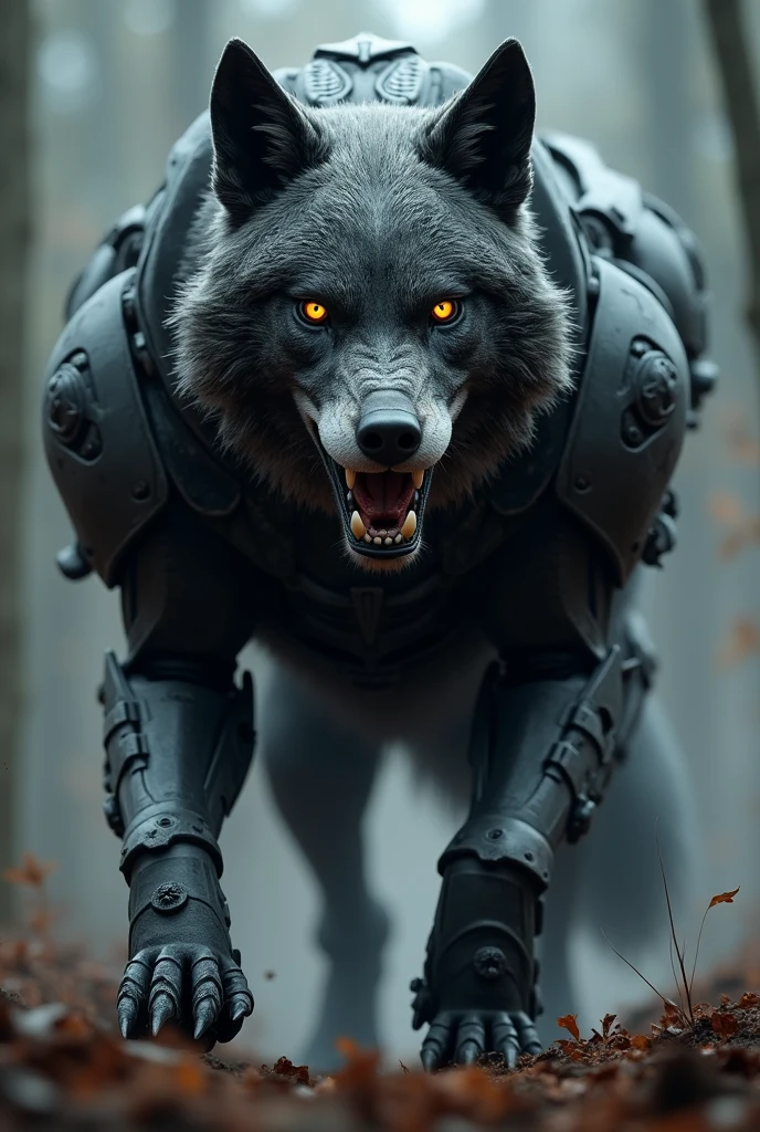 (photorealism:1.2), a semi-robotic warrior wolf with armor on his head, dark tones, realistic