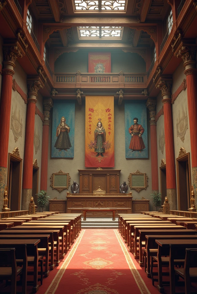 A large hall decorated with colorful cloth flags and paintings of warriors and magicians in the past. At the far end of the hall, there is a counter separating the doors on the left and right. There are boards on the left and right walls. There are two long chairs. There is a long table and several long chairs on the left, set up like a classroom. There is a board on the left wall, and a board on the right wall. At the far end, there is a long counter, all made of wood. There are no humans in the picture.