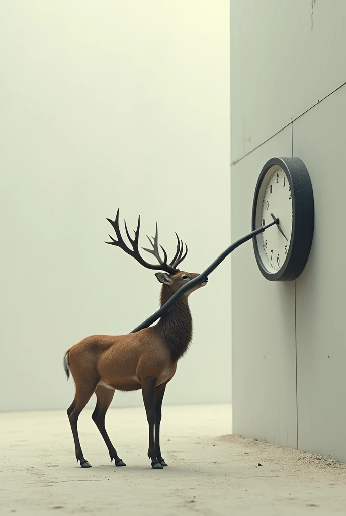 A deer standing with a steel pipe pointing at the clock