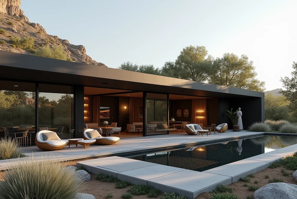Residential home high end futuristic interior, olson kundig::1 Interior Design by Dorothy Draper, maison de verre, axel vervoordt::2 award winning photography of an indoor-outdoor living library space, minimalist modern designs::1 high end indoor/outdoor residential living space, rendered in vray, rendered in octane, rendered in unreal engine, architectural photography, photorealism, featured in dezeen, cristobal palma::2.5 chaparral landscape outside, black surfaces/textures for furnishings in outdoor space::1 –q 2 –ar 4:7