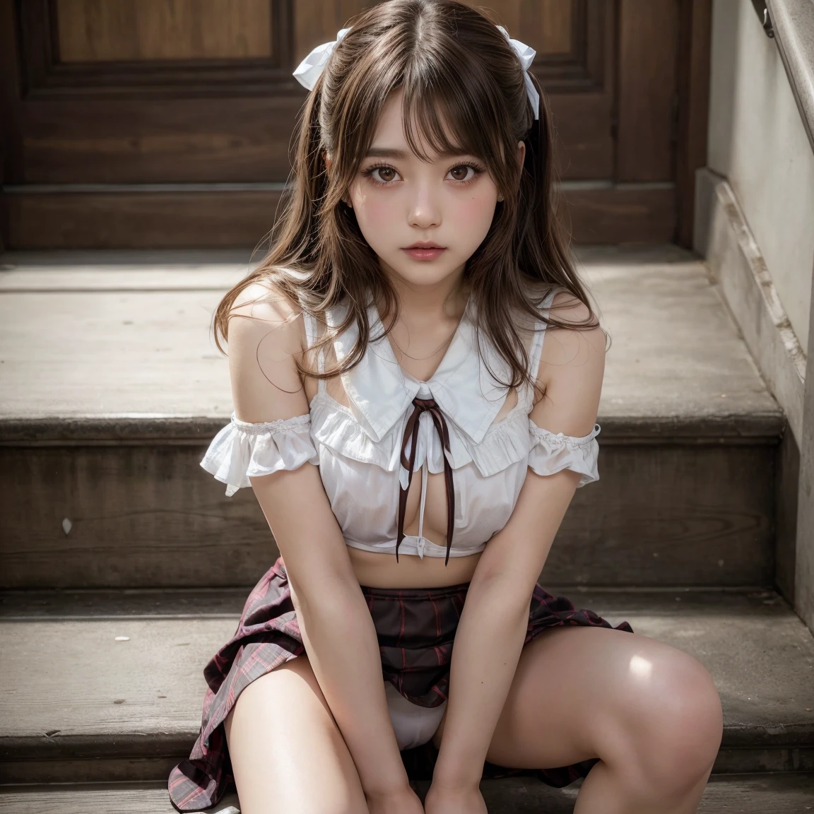 skirt, Beauty, ,ribbon付きPanty, white panty, Sit on the stairs,masterpiece, Highest quality, Realistic, 8k, , Brown Hair、Cheerleader、ribbon、アイドルステージ,