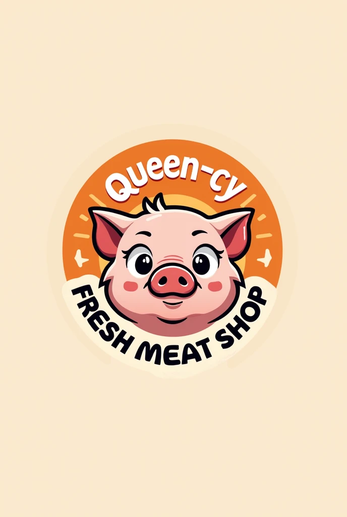 Create logo cyrcle color with animation head pork orange white and black 'QUEEN-CY' 'Fresh Meat Shop'