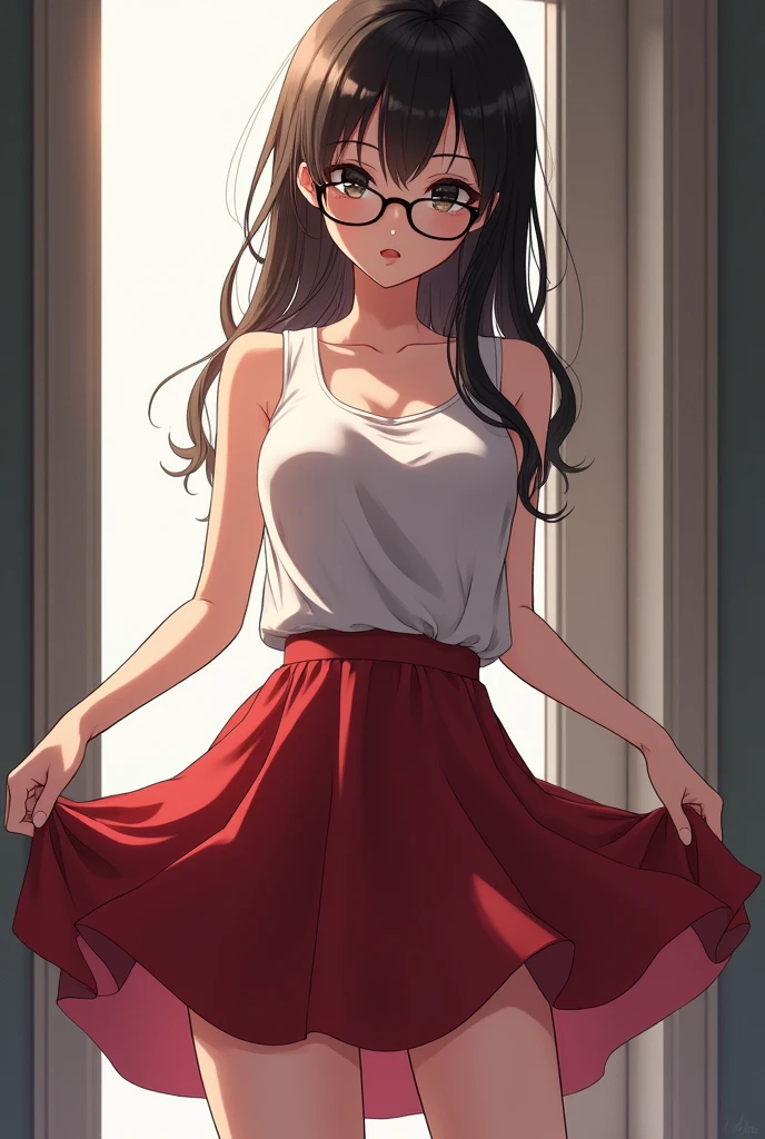 Highest quality、masterpiece、High sensitivity、High resolution、Detailed Description、Slender women、Glasses、The skirt is about to flip up、Protect with hands、anime、Image size、Width 455.9px、Height 914.4px