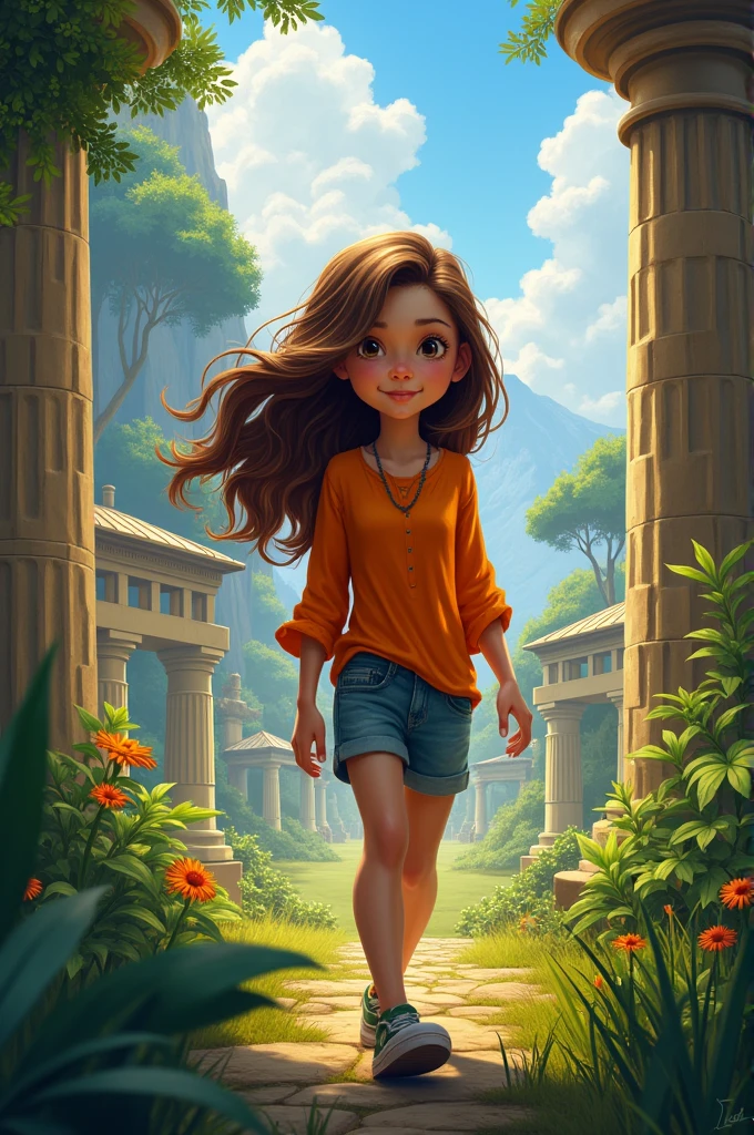 A thirteen-year-old with brown hair and an orange blouse visiting the Half-Blood Camp