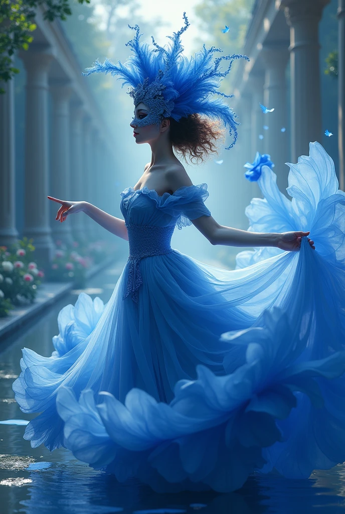 Best quality,4K,8 thousand.,a high resolution,masterpiece:1.2,Ultra detailed,realistic,photorealistic:1.37,portraits,illustrations,oil painting,rich colors,bright colors,soft lighting,detailed textures,long eyelashes,Lively eyes,detailed lips,mixed ethnicity girl,pretty haircut,wearing a masquerade a mask,flowy dress,dancing gracefully in a Venetian garden,when the moon shines on it,sparkling stars in the sky,romantic atmosphere,enchanted garden,fragrant flowers,Whispering Trees,pond with peaceful reflection,gentle breeze,Quiet atmosphere,An extravagant theme,elegant pose,narrative composition,Majestic Columns,decorative a masks,hidden identities,fairytale setting,Night scene of magic,Mysterious charm,unearthly beauty,Artistic image. a mask,Close-up of a masked man, dreamy gothic girl, fire render, Beauty girl. ((full length, untouched graceful figure, nice legs, fast dance pose, brunette, beautiful face with expressive eyes, light white tones, fluffy skirt made of blue iris petals, Esbian Full Body, White background, daylight , light effect, minimalist, Sun, pure tenderness, soft lighting, Realism, woman, who dances on a giant petal of a dark blue iris flower (thin petals, soft veil, full background of flowing transparent blue petals, hovering flower one in hand - long stem above head, huge giant blue iris flower, over her head, Smoke effect, fog, sea, mixed with blue iris petals), ((pass-through)), masterpiece, ReV АнимированныелBest quality)), ((masterpiece)) , (In detail), 1 girl, off shoulder sweater,