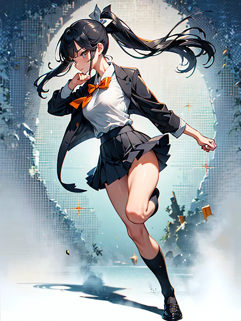 One person, Karate stance,High Kick,Black Hair, ponytail, The body is slim,Small breasts,Bad mood, Slanted Eyes, High school uniform,Navy blue blazer,White blouse,Orange bow ribbon tie,Grey mid-length flare skirt,Navy blue knee socks,Black Loafers,Character Profile, Vanishing Point, Ultra Wide Angle, Japanese illustration style, High resolution, Anatomically correct, masterpiece, accurate, High resolution, Damaged, detail, 高いdetail, High-resolution model, quality, Very detailed, Retina, 高quality, Textured skin, Ultra high definition, 