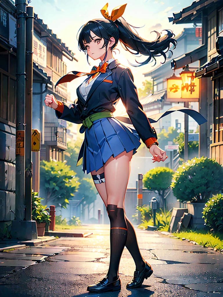 One person, Karate stance,High Kick,Black Hair, ponytail, The body is slim,Small breasts,Bad mood, Slanted Eyes, High school uniform,Navy blue blazer,White blouse,Orange bow ribbon tie,Grey mid-length flare skirt,Navy blue knee socks,Black Loafers,Character Profile, Vanishing Point, Ultra Wide Angle, Japanese illustration style, High resolution, Anatomically correct, masterpiece, accurate, High resolution, Damaged, detail, 高いdetail, High-resolution model, quality, Very detailed, Retina, 高quality, Textured skin, Ultra high definition, 