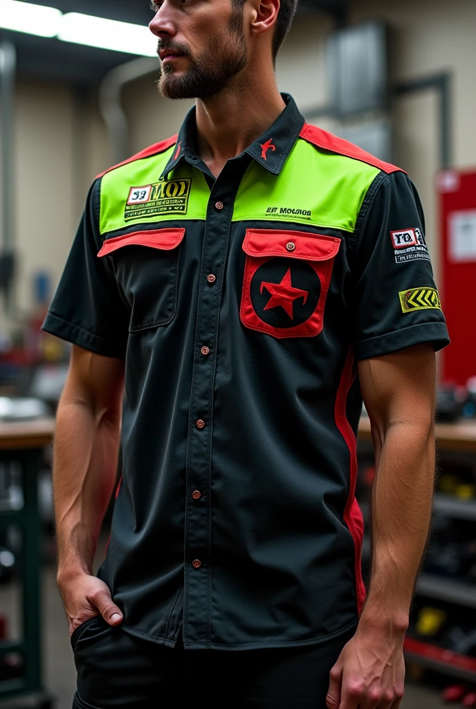a black mechanic workshop blouse with the name gilvan motos with red and neon green details for men