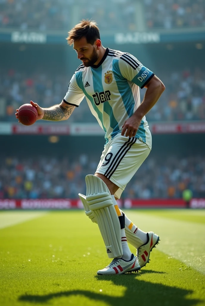 Messi is delevaring the cricket ball.