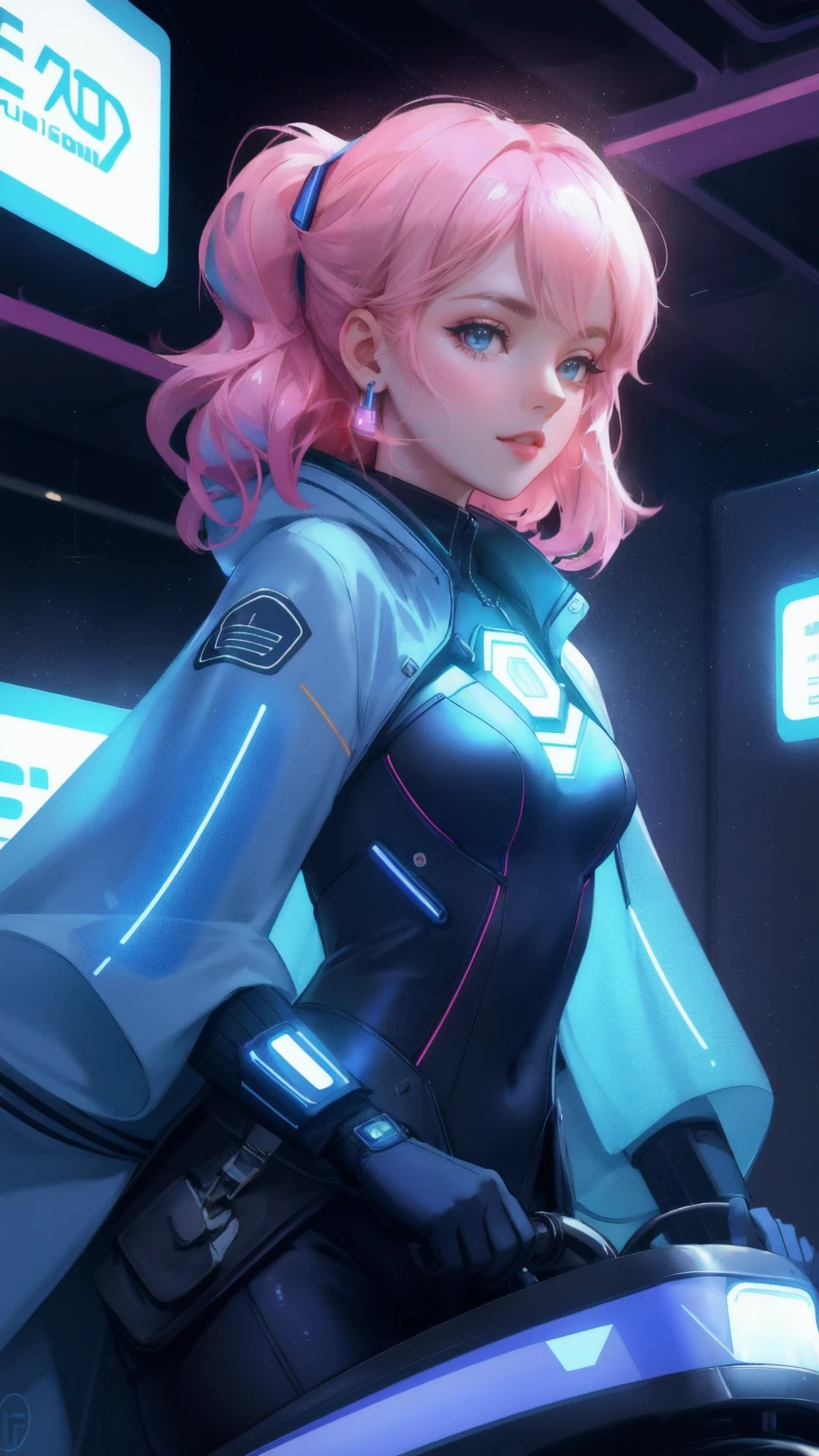 Depict a lively atmosphere on the 'Early Adopter's Cruiser' with a beautiful, elegant girl surrounded by futuristic gadgets and holograms. The background should be a deep blue, with Bitcoin and other digital currencies subtly spreading through the scene. Highlight the cutting-edge technology and the exclusive, forward-thinking vibe of the cruise