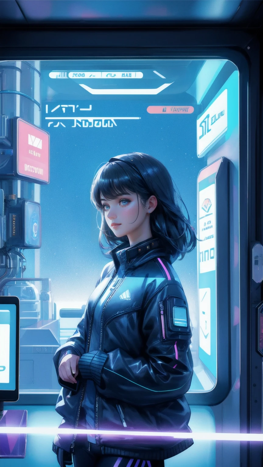 Depict a lively atmosphere on the 'Early Adopter's Cruiser' with a beautiful, elegant girl surrounded by futuristic gadgets and holograms. The background should be a deep blue, with Bitcoin and other digital currencies subtly spreading through the scene. Highlight the cutting-edge technology and the exclusive, forward-thinking vibe of the cruise
