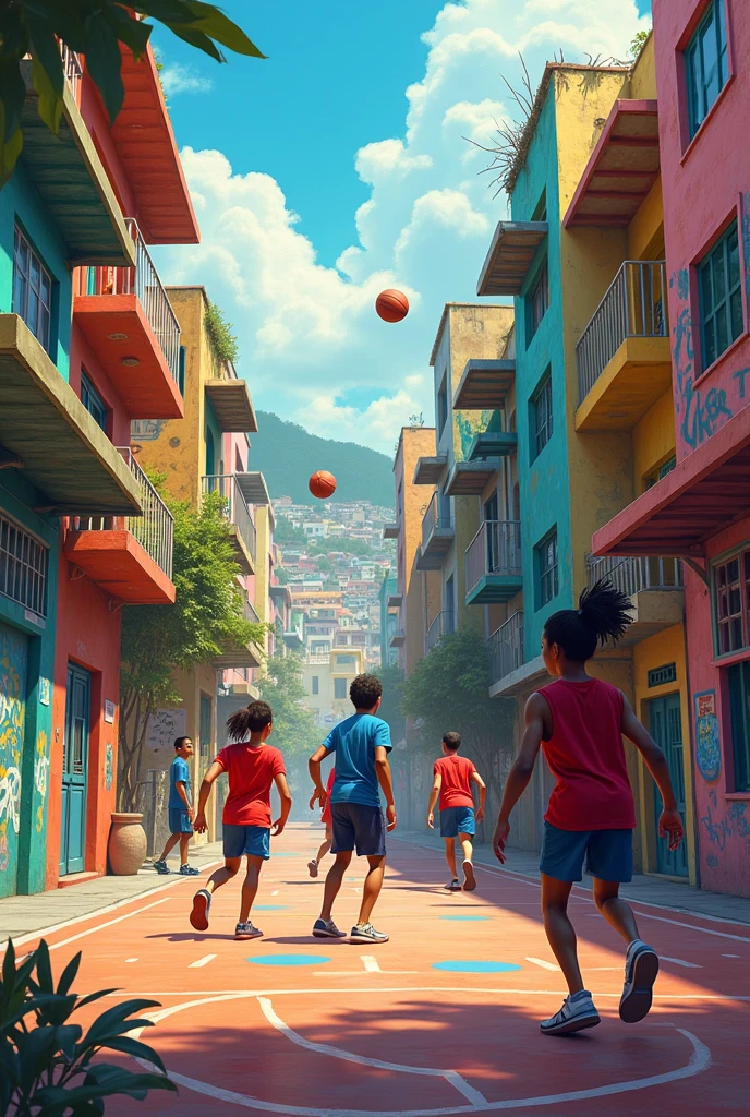 Young people playing ball on the court in the favela