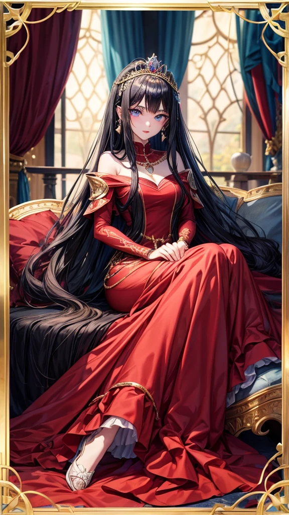 アニメ , an 18 year old princess, pretty, {gold tiara with sapphire and ruby stones}, {face perfect}, {Bblack hair}, {blue colored eyes}, {asymmetrical eyes}, {perfect nose}, {red lips}, {full body 5.0}, {modern long dress inspired by princesses in red and black with rich details}, {{sitting, in a castle}
{8k image}, {128k ultra resolution}, {ultra quality 128k}, {128k high quality sharpness}