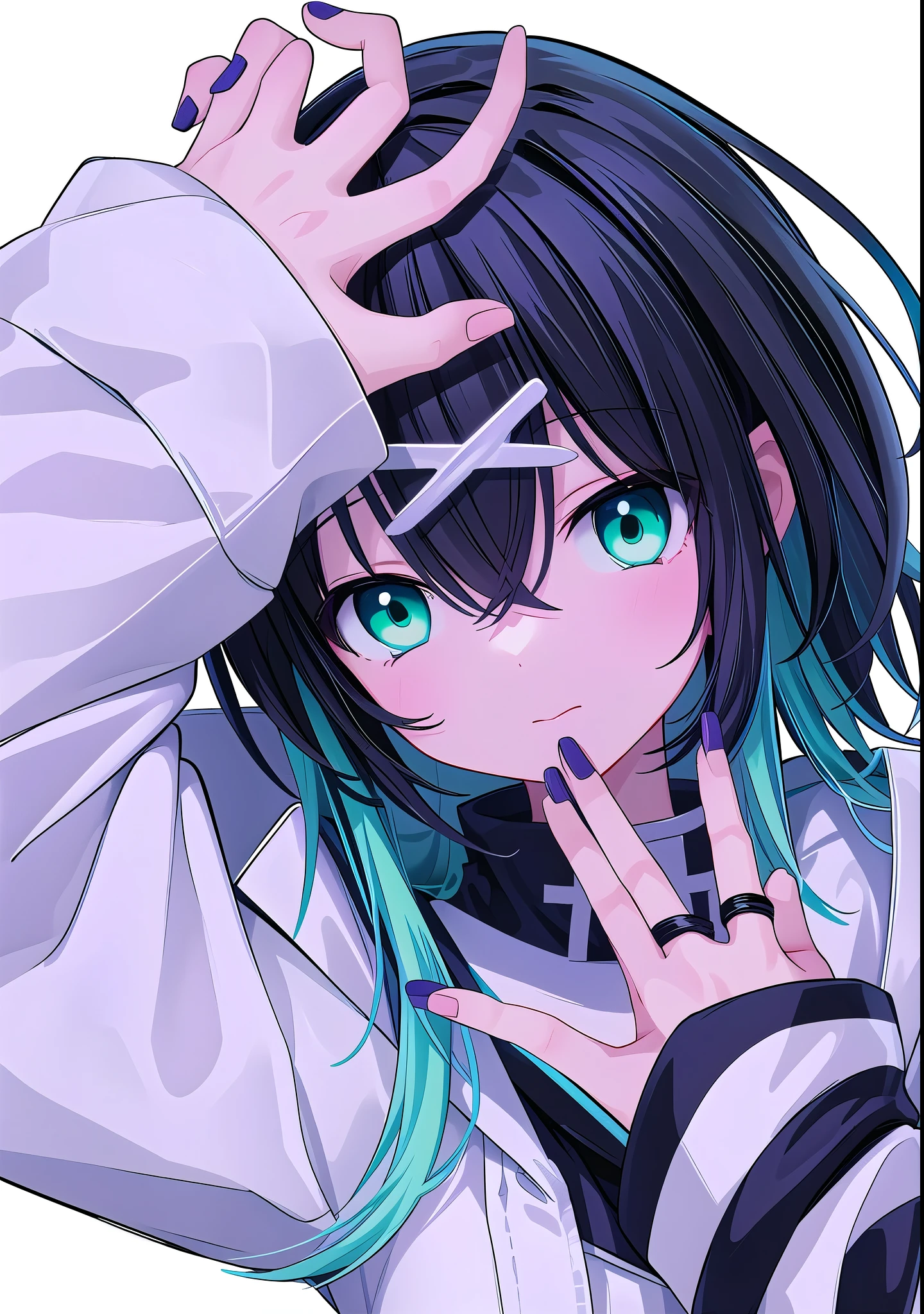 Anime Girl with black hair and green eyes making a peace sign, Use your index finger, Otashiro, Anime Girl with teal hair, Anime style 4k, Anime cute art style, 2DAnime style, Best Anime 4K Konachan Wallpapers, Anime Characters, Anime atmosphere, an Anime Girl, Anime style, Night Core, (Anime Girl), Anime style肖像,Cross-shaped pupil