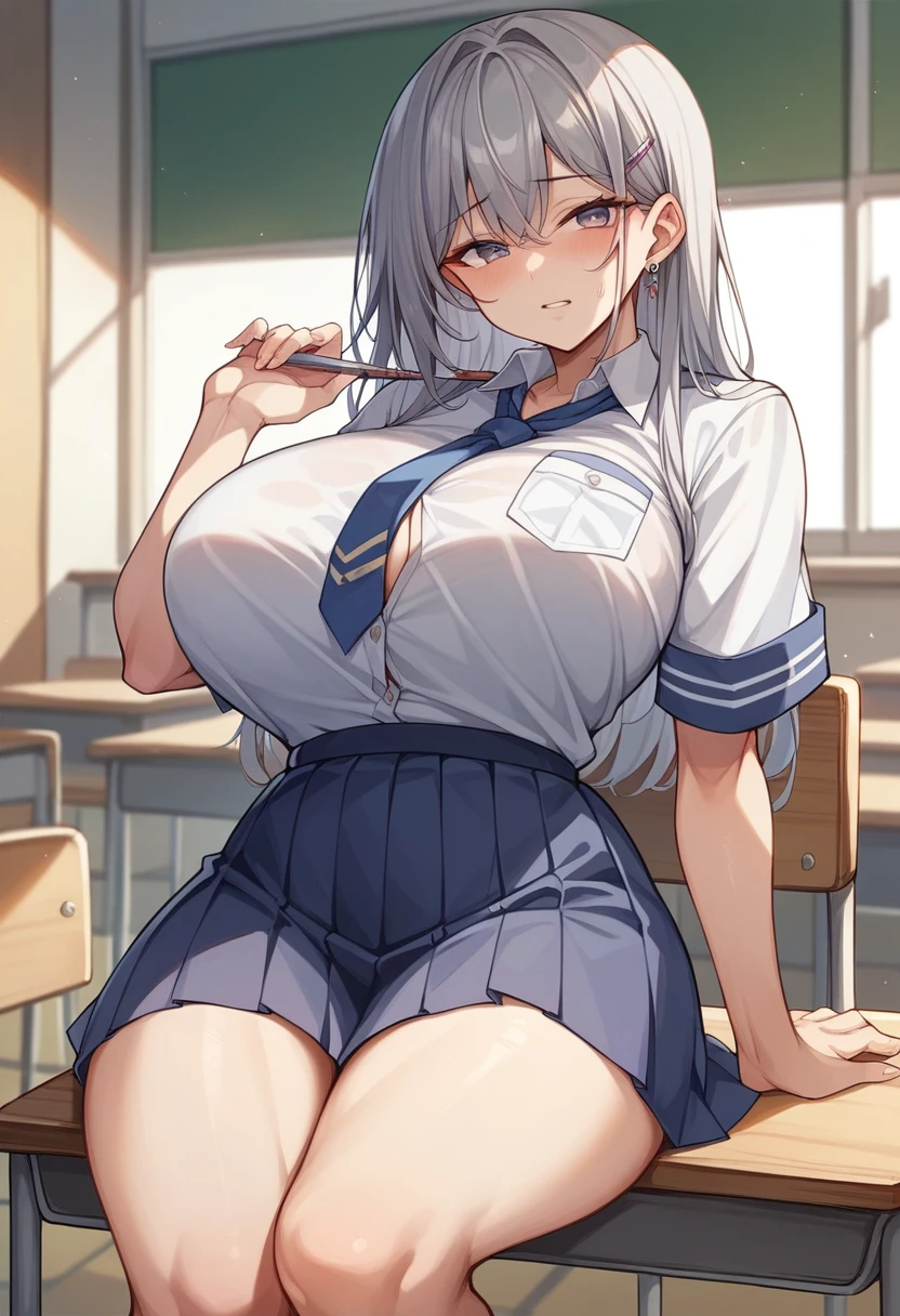 Brat、Gray Hair、woman、Huge breasts、Gal、uniform、School、classroom、evening、Highest quality、Highest quality、High quality、