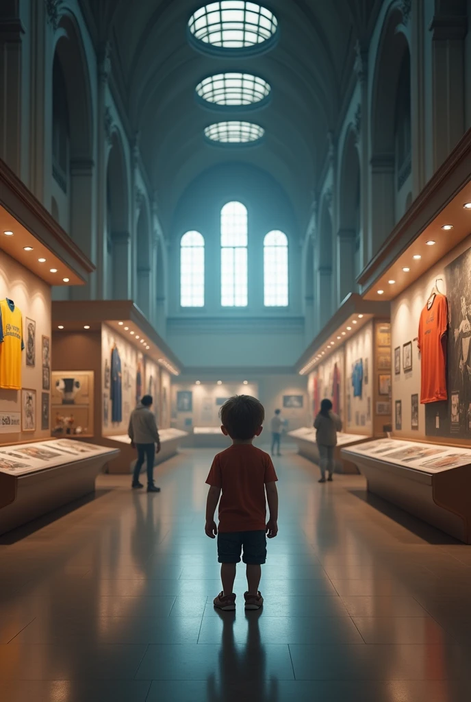 child of 1,57 visiting a museum about football with only him in the museum