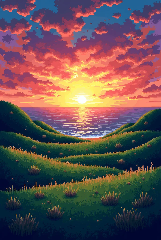 Pixelated sunset with grass and sea landscape