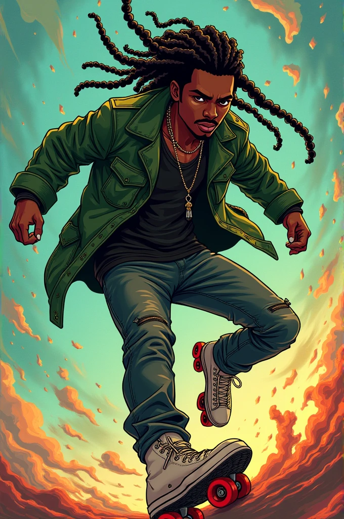 manga character, man, peau noir, long braided hair, green jacket , roller dancer