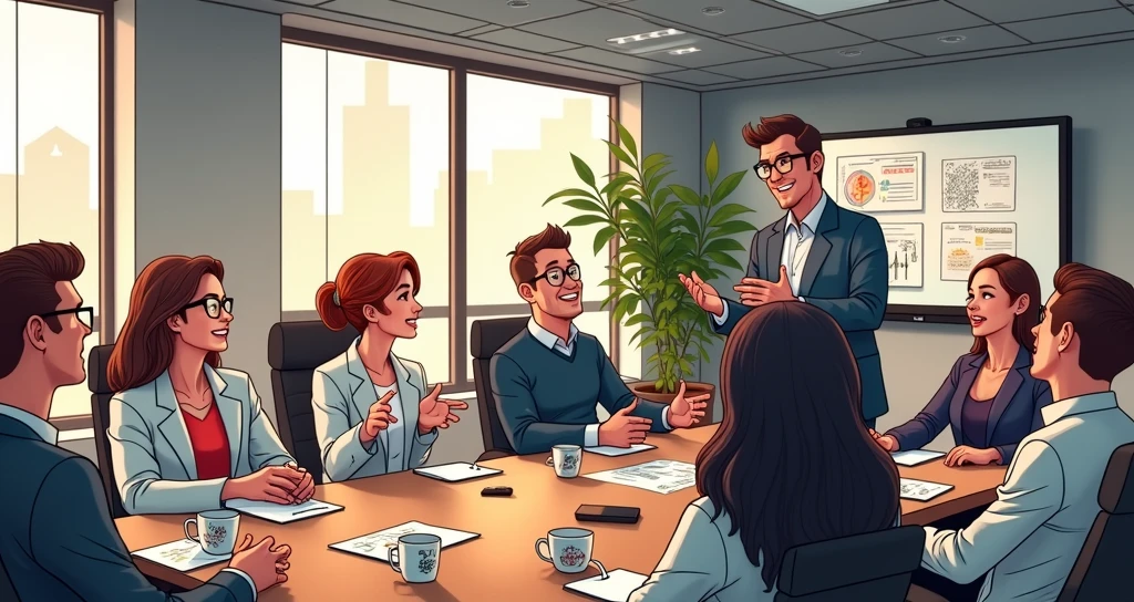 A group of people,Discussing things in the meeting room,Cartoon Style