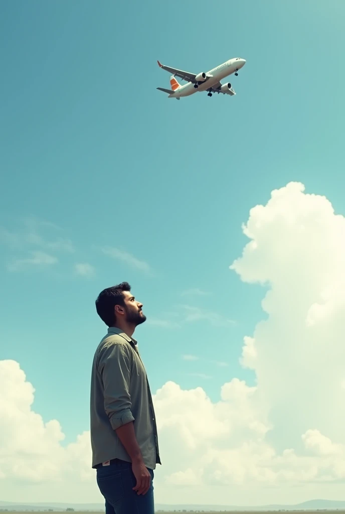 A man looking at a plane in the sky