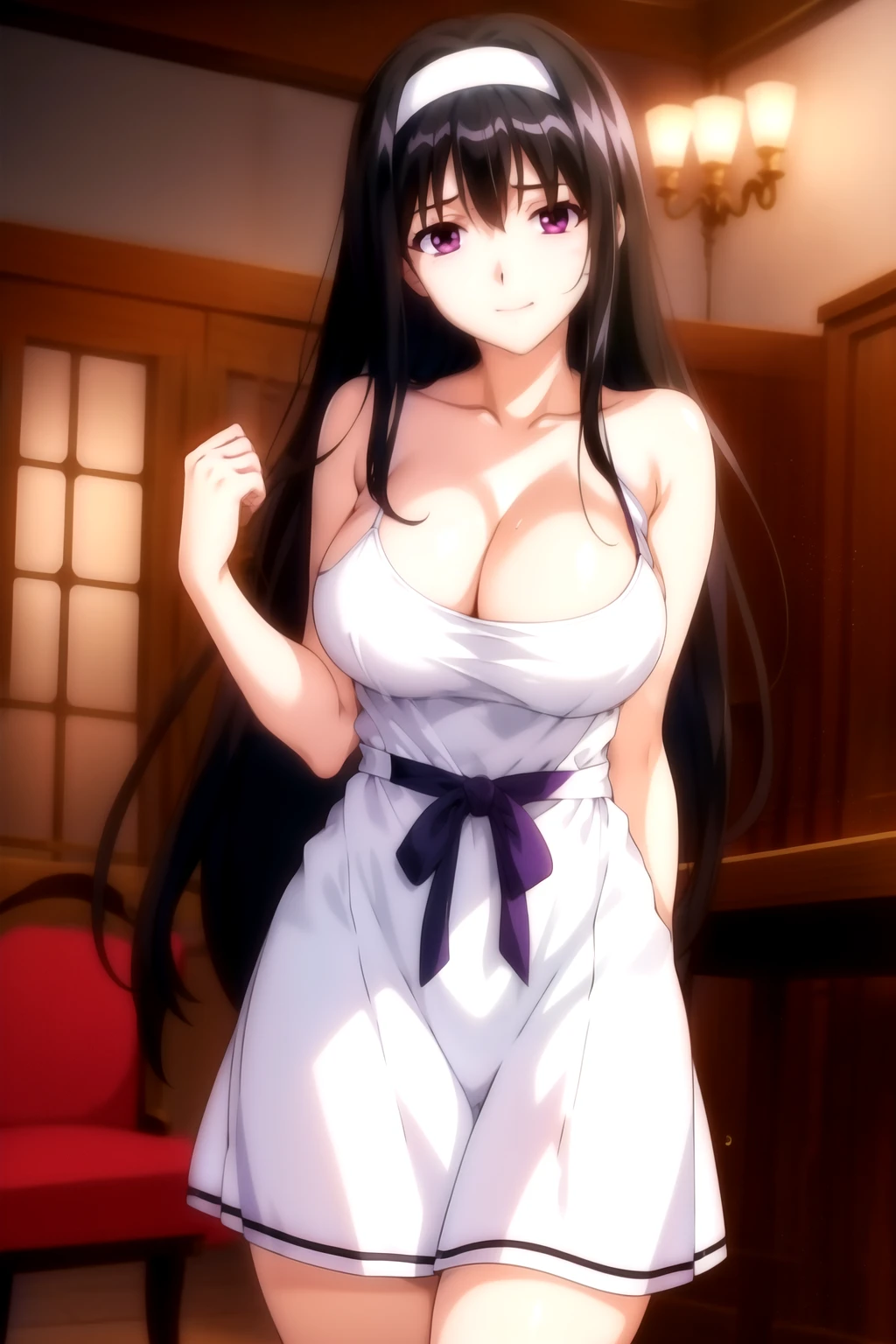 Naked apron, Black Hair,bangs,purple Eye,Long hair, White hair band, 1 girl, 20 years old,Young women,beautiful Finger,beautiful long legs,beautiful body,beautiful Nose,beautiful character design, perfect Eye, perfect Face,expressive Eye,Perfect balance, Looking at the audience,(Focus on her Face),Residence, (Innocent_Big goals_Eye:1.0),Light_Smile, Official Art,Extremely detailed CG unity 8k wallpaper, Perfect lighting,rich and Farbeful, bright_front_Face_Lighting,Light skin, (masterpiece:1.0),(the best_quality:1.0), 超high resolution,4K,Extremely detailed, photography, 8k, HDR, high resolution, absurdes:1.2, Kodak portra 400, Film Grain, Blurred background, bokeh:1.2, Lens Light Halo, (Full of energy_Farbe:1.2),Professional photographer, (beautiful_Face:1.5),(narrow_waist),slim, Smile, Happy