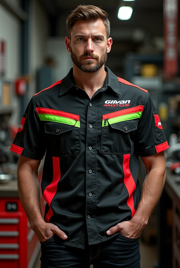 a black mechanic workshop blouse with the name gilvan motos with red and neon green details for men