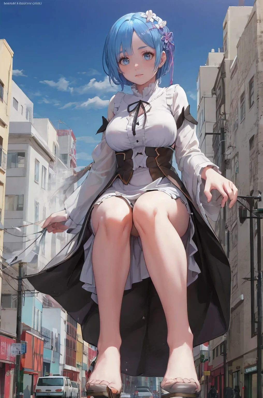 Lots of big explosions、fire、cigarette、(((A huge building sitting on top of)))、(((Rem from Re:NULL)))、Fisheye Lens、Plump thighs、Super huge breasts、looking at the camera、Embarrassed、Sweat it out、(Realistic photos:0.0), (ultra-realistic:1.0), (masterpiece:0.0), (Highest quality:1.3), Intricate details, Super detailed, Sharp focus, Full Color, (Depth of written boundary:1.0), (Ultra-fine illustration:1.0), (Natural light, dawn:1.0),
 (Three people:1.3), (Digital animation:1.0), (College years:1.0), (Fascinating anime), (smile:1.3),barefoot、
 The body is slim,(((Black gothic frill maid clothes)))、Maid clothes、Black loafers, (Mecha Girl:1.0), (Sweaty skin:1.1), futuristic science city, (city:0.0), (Laboratory:0.8), (construction site:1.5), (Full Body Shot:1.2), (From below:0.1), Sitting, Spread your legs