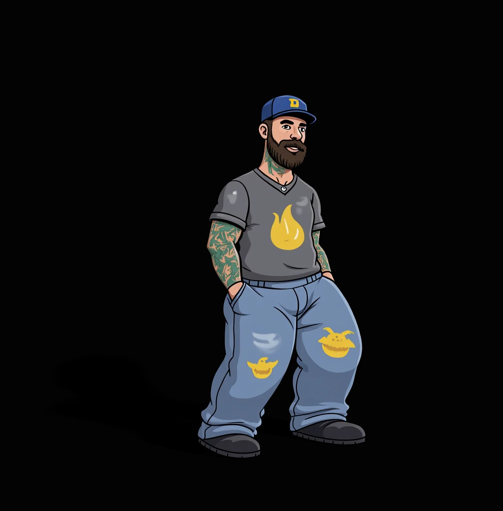 a man with big, wide pants, , in a T-shirt and with tattoos