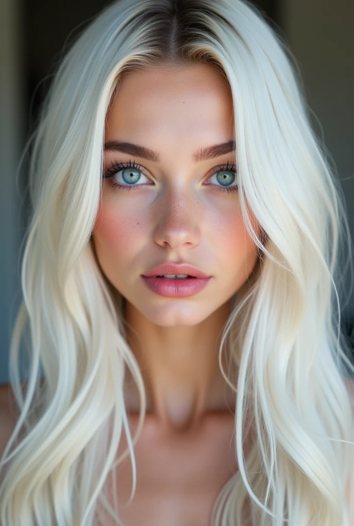 A girl with long white-blonde hair,light skin, full pink lips, dark blue eyes, high cheekbones. oval face