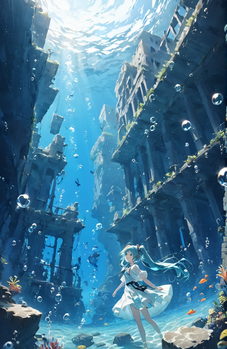 One beautiful girl、Hatsune Miku、超High resolution, High resolution, 4K, 8k,cute,In the history of the Earth12Submerged ruins in the Pacific Ocean 100 million years ago 、Lost Ruins、Girl in the water、surrounded by bubbles、A world of deep blue、work in deep blue tones