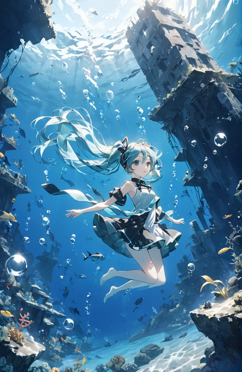 One beautiful girl、Hatsune Miku、超High resolution, High resolution, 4K, 8k,cute,In the history of the Earth12Submerged ruins in the Pacific Ocean 100 million years ago 、Lost Ruins、Girl in the water、surrounded by bubbles、A world of deep blue、work in deep blue tones