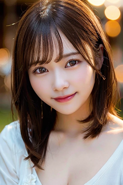 Award-winning composition、(Skin wounds:1.2), (Skin Dentition), black eye, 1woman, Age 25, (((woman))), alone, Realistic, Highest quality, photoRealistic, masterpiece, 8k, High resolution, alone, cute、Ruthlessly detailed face, (Professional Lighting, Bokeh), (Particles of light, Lens flare, Glowing particles:0.6), nice, Are standing, Maintain the original face proportions,whole body, (Medium Hair), Brown Hair, Floating Hair, lips, lipstick, seductive smile, Floating Hair, smile, Open_mouth, teeth, eyelash, Mole, (Mole under eye:1)、Sally
