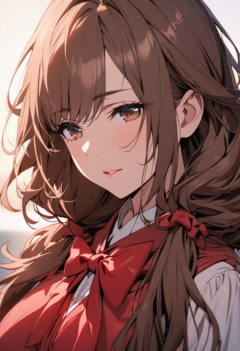 Solo, 1girl, Long Hair, brown hair, brown eyes, mature, red bow, high detail, beautiful eyes, beautiful color, adult, low twin tails, half eyes, glazing to the distance