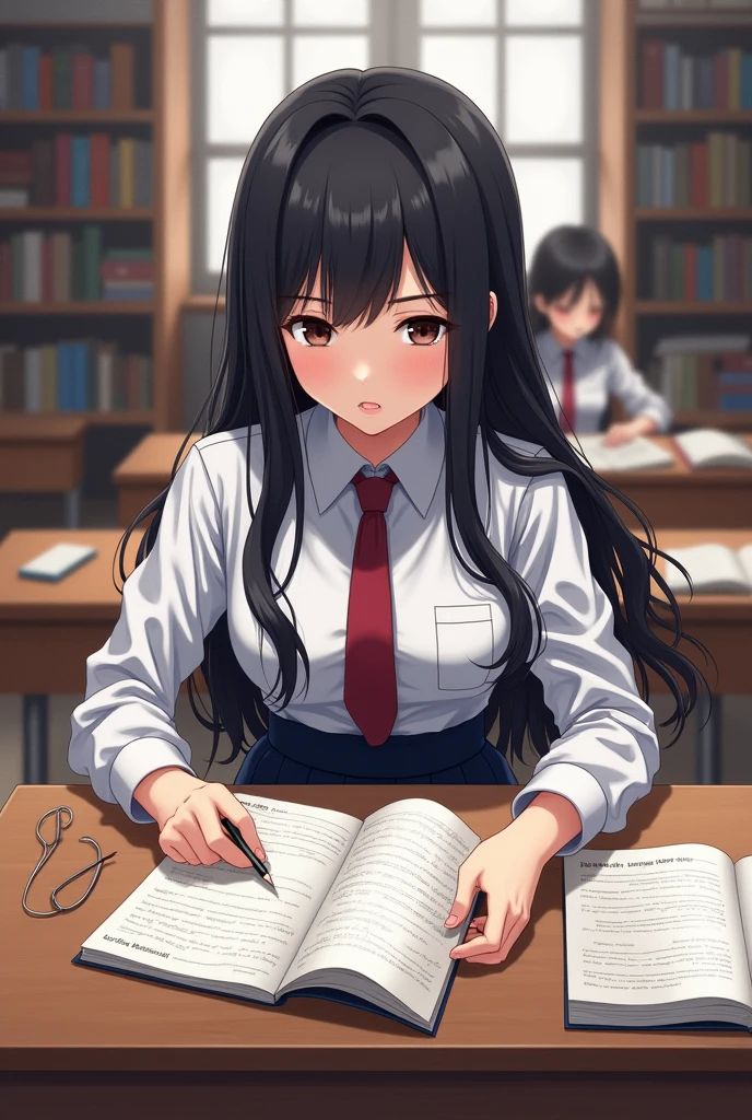 Drawing of a dark-haired woman wearing a student uniform studying at UTCC, drawing and coloring.