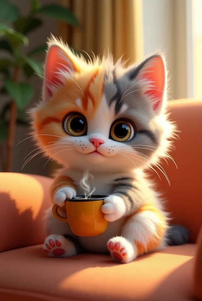 {
  "size": "1024x1024",
  "prompt": "A cute 3D kitten, inspired by the animation styles of Pixar and DreamWorks. The kitten has big, expressive eyes, soft fur, and a playful expression. The fur is fluffy and detailed, with a random mix of colors such as light orange, white, gray, black, or a combination of these. The kitten is sitting on a cozy chair in a warm, well-lit room, holding a small coffee cup with both paws, and a bit of steam is rising from the cup. The scene is charming and heartwarming, with a touch of whimsy, showing the kitten enjoying a relaxing moment."
}
